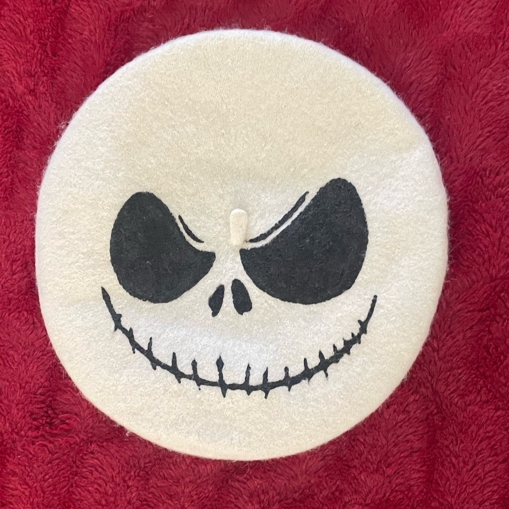 Jack Skellington Wool Baret Hat Black and Cream One Size Unisex